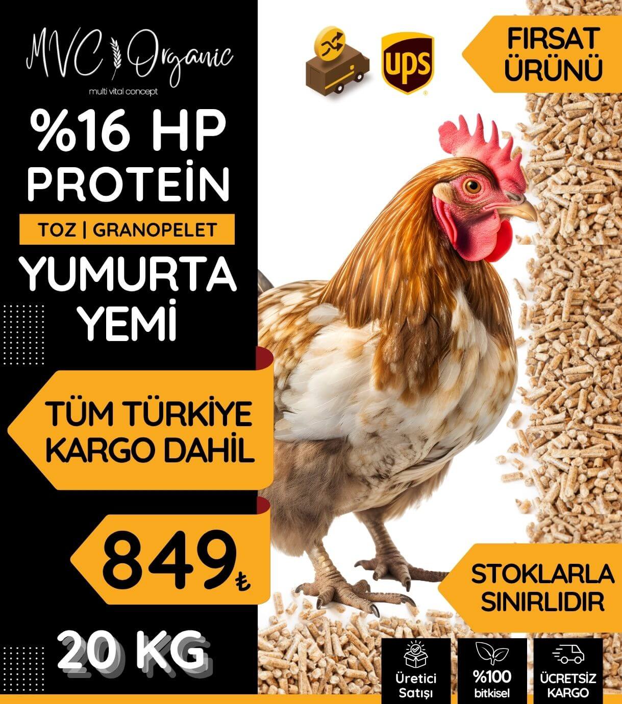 MVC Organic yumurta yemi (16HP), bitkisel yemler, sağlıklı tavuklar için doğal yem seçeneği.