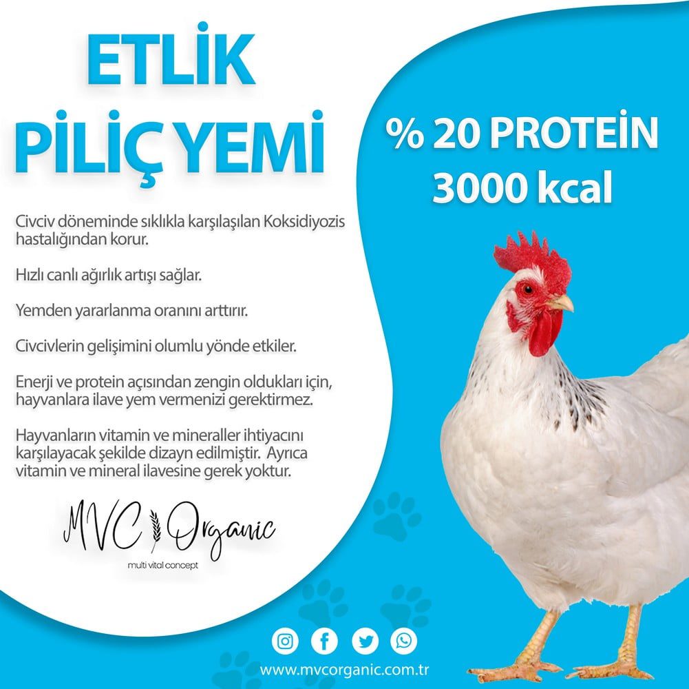 MVC Organic Etlik Piliç Yemi 20 HP, bitkisel yemler, canlı tavuk görüntüsüyle, sağlıklı kümes hayvanları için uygun.