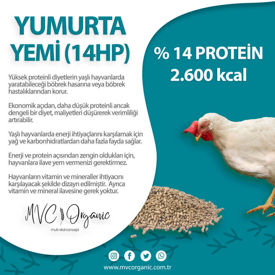 MVC Organic yumurta yemi 14HP, bitkisel yemler, doğal ve besleyici hayvancılık ürünü, yemleme amacıyla gösterilen paket görüntüsü