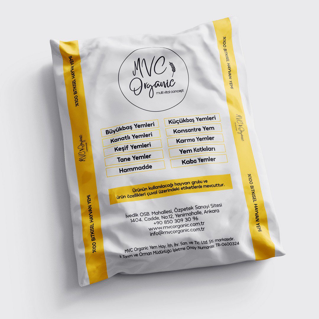 MVC Organic marka 16HP bitkisel yumurta yemi içeren kuval görseli, doğal ve sağlıklı yem ürününe ait detaylar gösteriliyor.